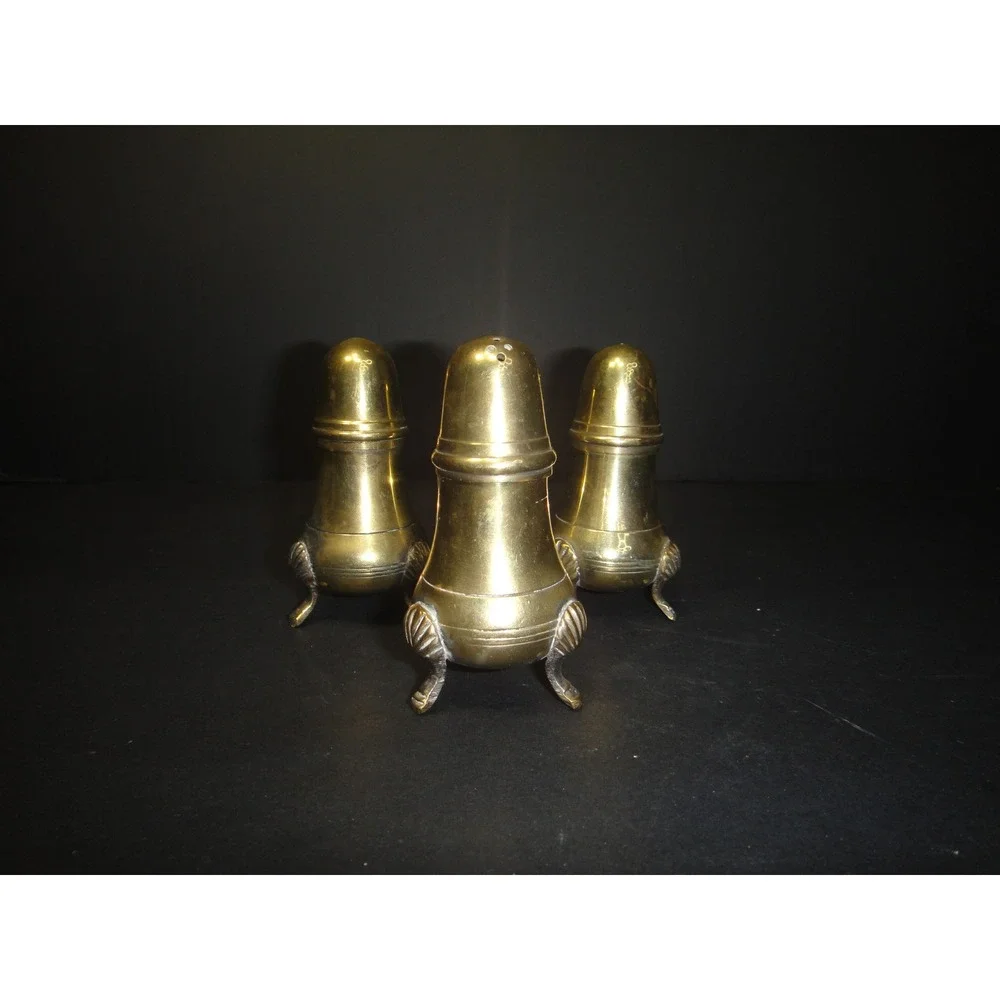 Vintage Brass Salt and Pepper Shakers Set of 3 Shell Footed Tripod Base Gold EUC